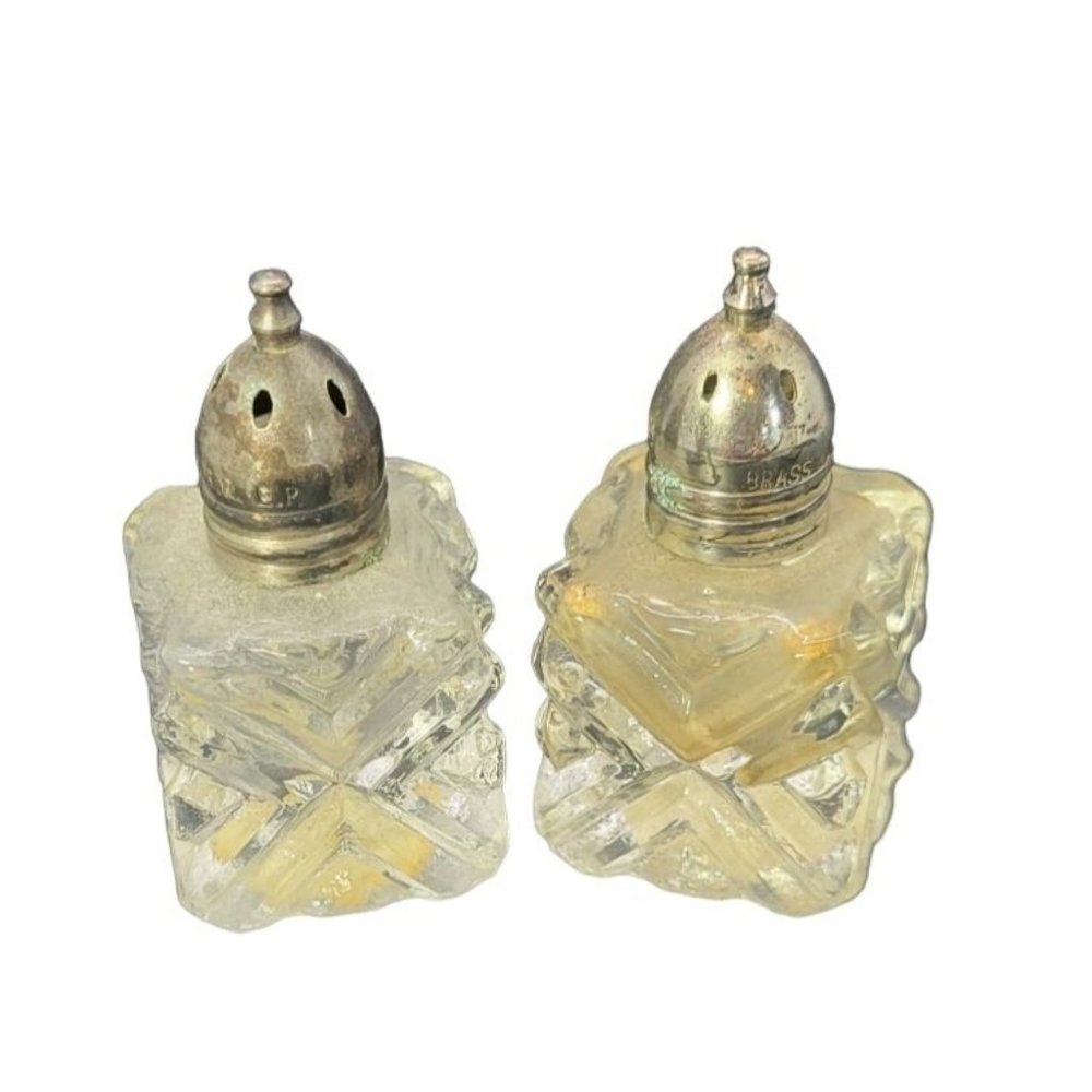 Vintage Salt and Pepper Shakers cut Glass Square brass
